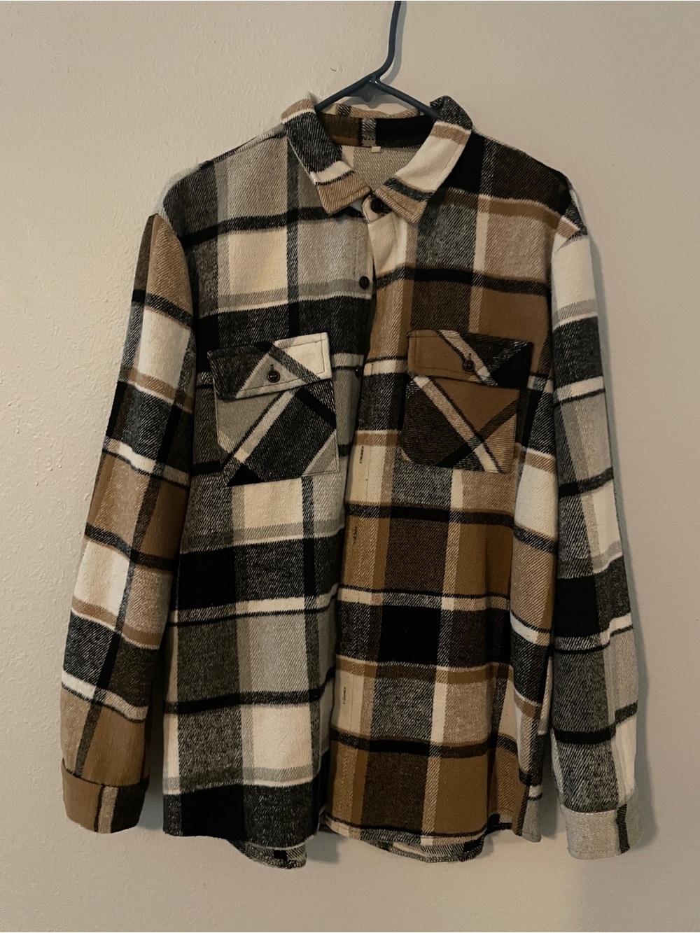 Plaid Button-Up Shacket in Brown, Black & Cream